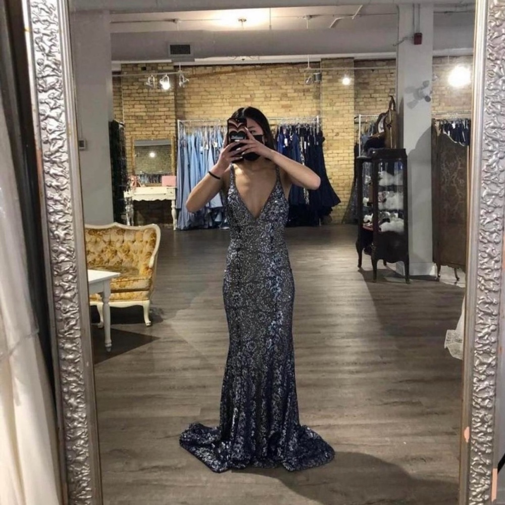 Jovani Metallic Blue Maxi Dress